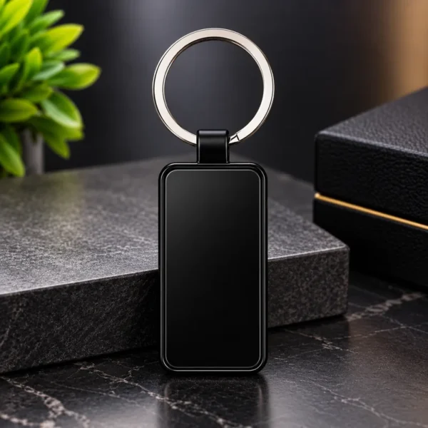 Classic black rectangle metal keychain custom laser name engraving Pakistan — GullStore.pk