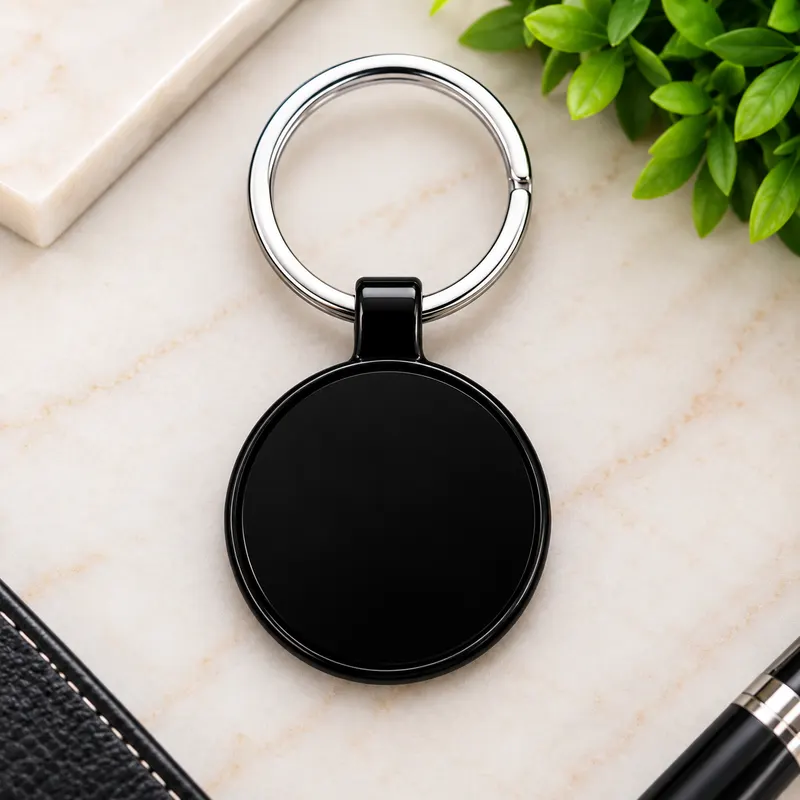 Classic Round Black Border Metal Keychain – Custom Laser Name & Logo Engraving | GullStore Pakistan